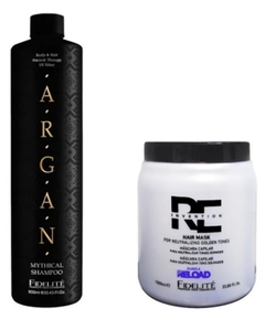 Combo 1 Mythical Shampoo Argán x 900 ml + 1 Máscara para Neutralizar Tonos Dorados Purple Reloaded x 1000 g - Fidelité