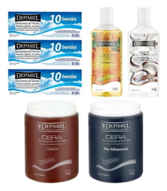 Combo 3 Bandas de Papel para Retirar Cera x 10 unid + 1 Loción Pre - Depilatoria Dermohigiénica x 500 cc + 1 Gel Refrescante Post Depilatorio x 475 g + 1 Cera Descartable Clásica para Espátula x 1000 g + 1 Cera Descartable Alta Adherencia para Espátula x 1000 g - Depimiel