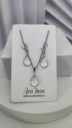 Conjunto Colar E Brinco Gota De Zircônia No Aço Inox Prateado - Vitória Amy Jóias 