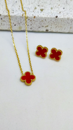 Conjunto De Colar E Brinco De Trevo Vermelho