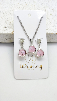 Conjunto Colar Com Pingente E Brinco Com Esfera Rosa Com Detalhes