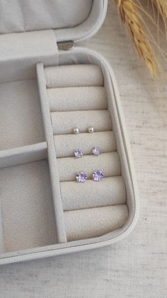 Trio De Brincos Zircônia Lilas Com Bolinha Na Prata 925