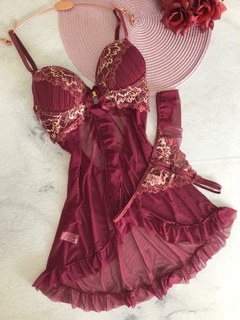 Ref 3010 - Camisola sensual em tule e renda bicolor, acompanha calcinha fio - loja online
