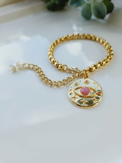 Pulseira Dourada com Pingente Medalha de Olho Grego Rosa -