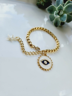 Pulseira Dourada com Pingente de Olho Grego Branco -