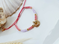 Pulseira de Cristais de Vidro Rosa e Lilás com Pingente Doce Rosquinha - - comprar online