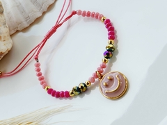 Pulseira de Cristais de Vidro com Tons de Rosa e Pingente Dourado Smile