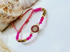 Pulseira de Cristais de Vidro Rosa com Entremeio de Olho Grego Rosa - - comprar online