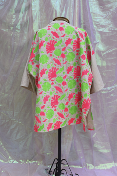 kimono curto flower power - verde e pink - Gerânio Arte