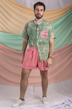 Camisa carimbo 60s - verde e magenta - Gerânio Arte