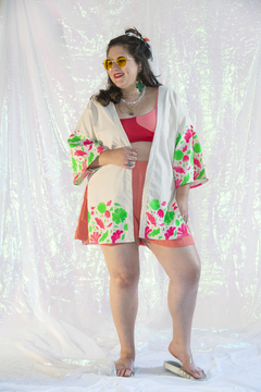 kimono curto barra flower power - verde e pink