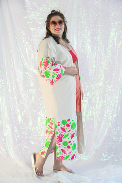 kimono longo barra - verde e pink - loja online