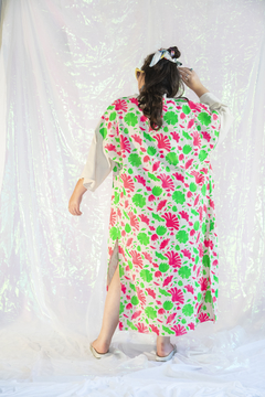 kimono longo flower power - verde e pink