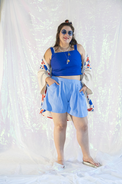 kimono curto flower power - azul e vermelho - loja online