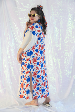 kimono longo flower power - azul e vermelho