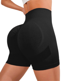 Calza Short Seamless Con Frunce Push Up Liso Negro