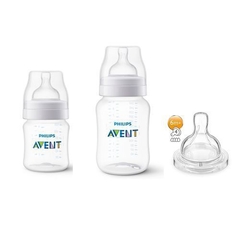 Kit C/2 Mamadeiras Anti-Cólica 125ml + 260ml + Bico 4 Transparente Avent