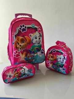 Kit de Mochila Escolar Personalizada de Rodinha Infantil com Estojo e Lancheira Patrulia Canina