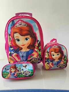 Kit de Mochila Escolar Personalizada de Rodinha Infantil com Estojo e Lancheira Princesa Sofia