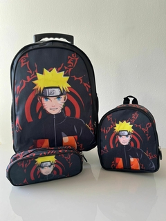 Kit de Mochila Escolar Personalizada de Rodinha Infantil com Estojo e Lancheira Naruto