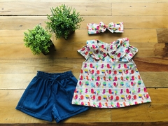 Conjunto infantil feminino bata e shorts - Tema Passarinhos