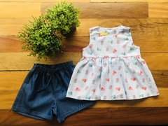 Conjunto Infantil feminino de bata e shorts - Tema Blue Bird