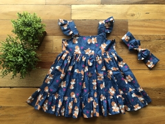 Vestido infantil modelo evasê com babadinhos - Tema Raposinha