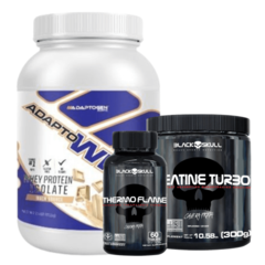 COMBO DEFINIÇÃO FELIPE STÉFANO: Whey Isolado Adaptogen 912g + Creatina Turbo Black Skull 300g + Thermo Flame Black Skull 60 cápsulas