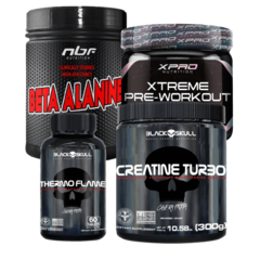 COMBO FELIPE STÉFANO PERFORMANCE: Creatina Turbo Black Skull 300g + Beta Alanina NBF 200g + Xtreme Pre-Workout 300g + Thermo Flame Black Skull 60 cápsulas