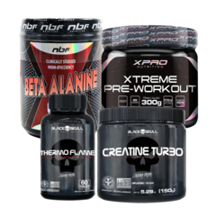 COMBO FELIPE STÉFANO PERFORMANCE: Creatina Turbo Black Skull 150g + Beta Alanina NBF 200g + Xtreme Pre-Workout 300g + Thermo Flame Black Skull 60 cápsulas