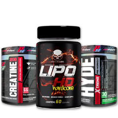 CREATINA MONOHIDRATADA 200G + LIPO HD 6 HARDCORE 60CÁPS + PRE-TREINO HYDE 222G