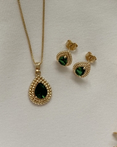 Conjunto Gabriela com colar e brinco em formato de gota com zircônia verde esmeralda banhado em ouro 18k na internet