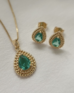 Conjunto Stella com colar e brinco em formato de gota com zircônia verde água banhado em ouro 18k