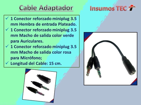 Cable Adaptador Pc Miniplug Hembra Trrs A 2 Miniplug Macho