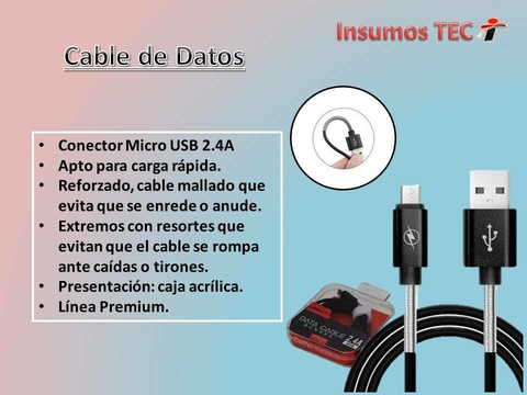Cable de carga rapida micro USB 2.4 Amp, 2 metros