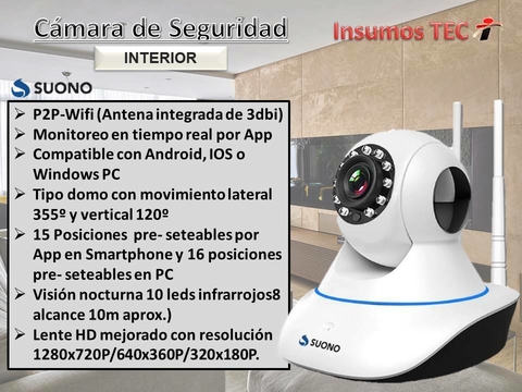 Camara IP Suono (Interior) Wifi P2p Hd 720p Audio Motorizada Vigilancia Nocturna