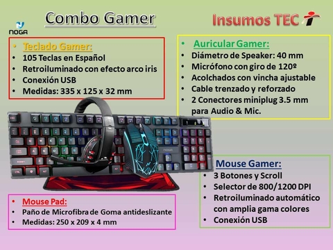 Kit Gamer Teclado Mouse Auricular Pad Combo 4en1 Noga Nkb407