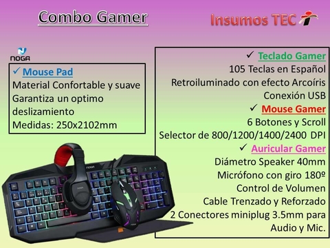 Kit Gamer Noga Teclado Mouse Auricular Pad Combo 4 en1 Nkb403