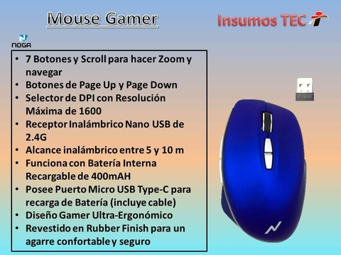 Mouse Gamer Inalámbrico Recargable Noga 1600 Dpi St-610r Azul