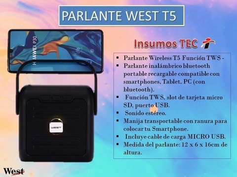 Parlante BT Portátil T5 Negro Tws Celular Micro Sd Pendrive