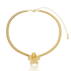 CHOKER FITA LISA FLOR LÓTUS BANHADO EM OURO 18K