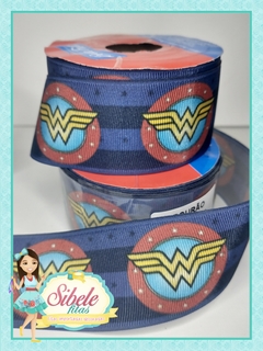 Fita Gorgurão Mulher Maravilha (Wonder Woman) Símbolo Fundo Azul Escuro - 38mm (BELA FITA)