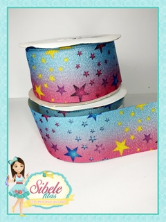 Fita Gorgurão Lurex Estrelas Fundo Azul e Rosa - 38mm (ART)