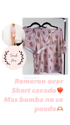 Pijama reme over y short cavado leopardo rosa