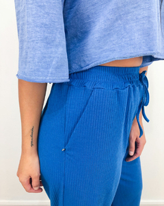Calça Pantalona Canelada Azul - comprar online