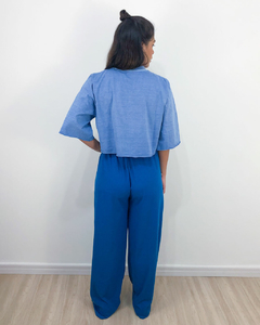 Calça Pantalona Canelada Azul na internet