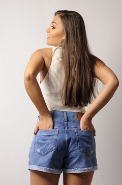 Short Jeans Feminino Cintura Alta Rasgado SHOPLE na internet