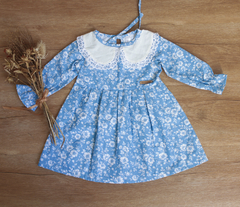 Vestido Celeste flores- cuello baby - Cocomelon Mayorista