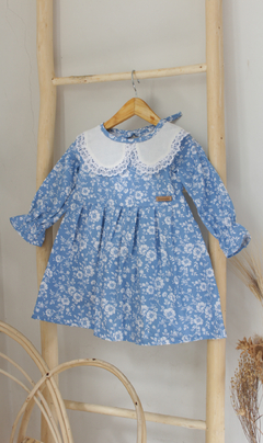 Vestido Celeste flores- cuello baby