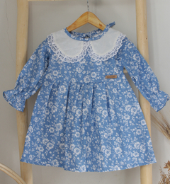 Vestido Celeste flores- cuello baby - tienda online